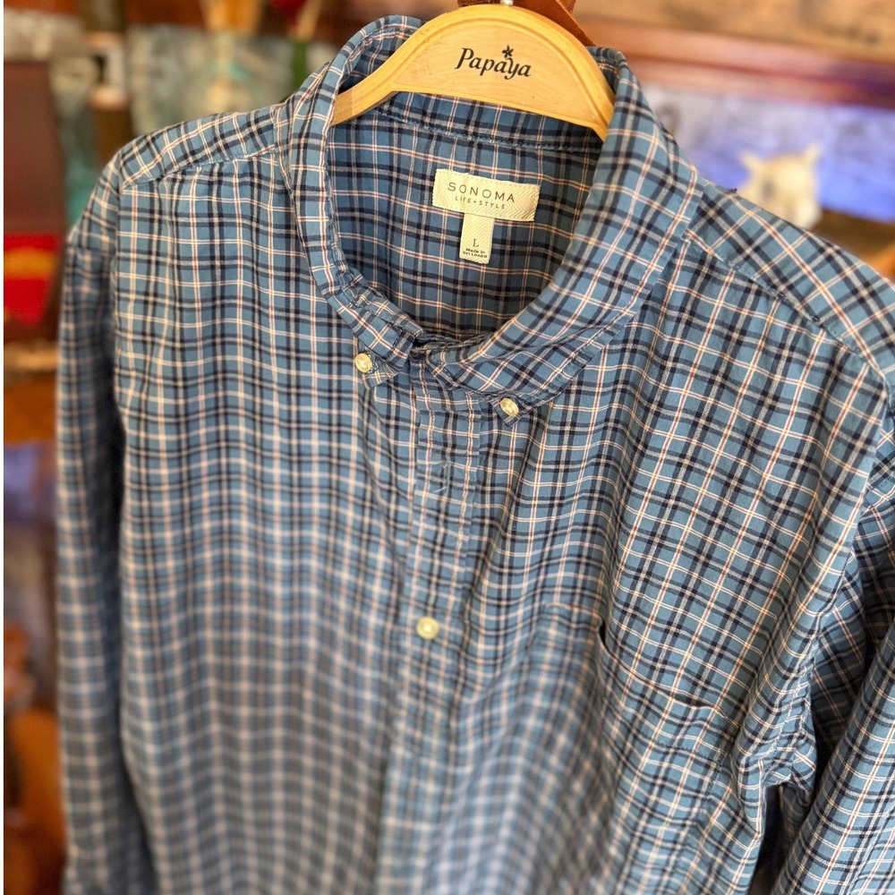 Sonoma Life Style Blue Plaid Button Down Shirt Mens Large Long Sleeve grunge